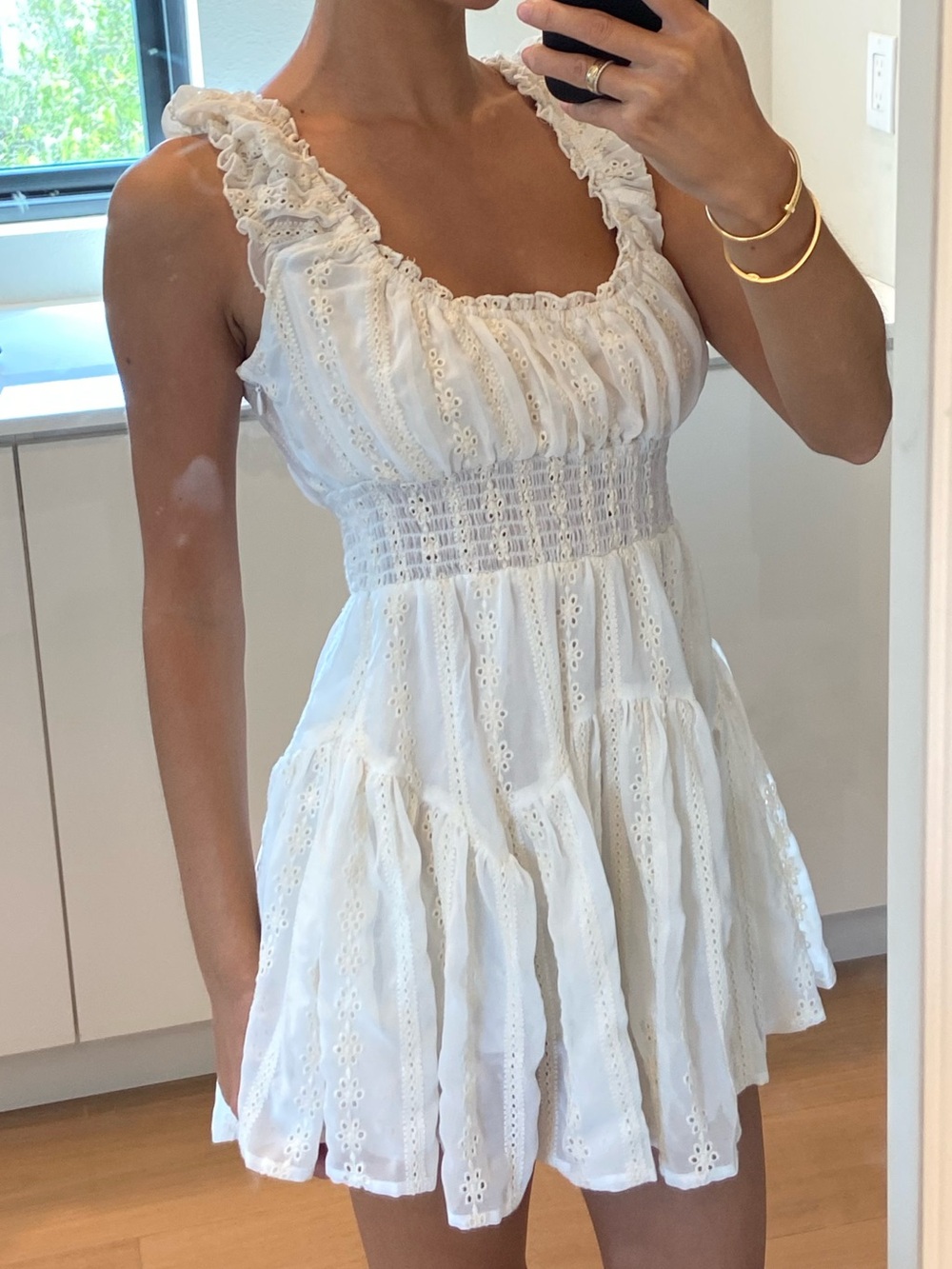 White Eyelet Mini Dress with Smocked Waist